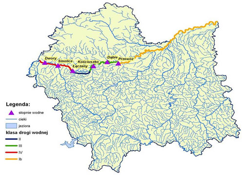 Mapa przedstawia Drogę Wodną Górnej Wisły