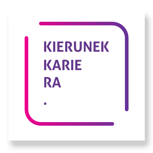 Biały kwadrat z bordowym napisem "Kierunek Kariera" z bordową obwódką